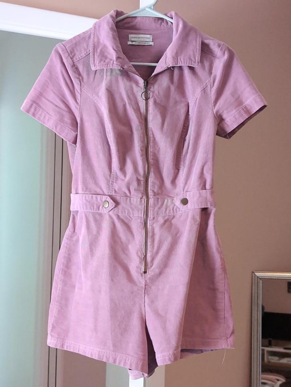 Urban Outfitters Pink Corduroy Short-Sleeve Zip Front Collared Romper